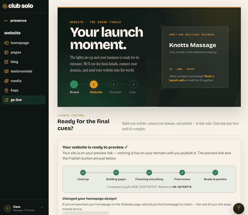 Club Solo go-live process showing a provider's brand, website, domain, and publishing progress